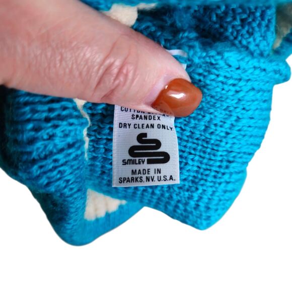 Vintage Smiley 100% Wool Beanie Ski Hat USA Knit Cap Blue on Blue Fair Isle - Picture 3 of 7